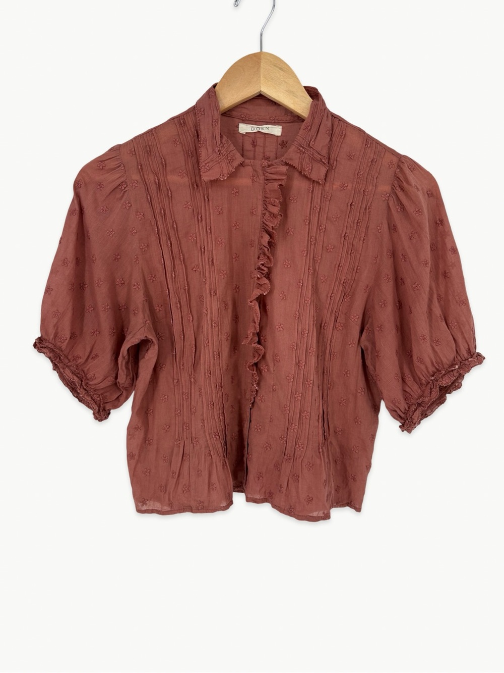 DÔEN Bird Top in Canyon Size Small Cotton Pintuck Ruffle Embroidered Blouse Rare - Picture 11 of 15